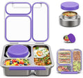 Stainless Steel Bento Box Kids Adult with 7oz Soup Thermo, Transparent Lid 3 Compartments Metal Bento Lunch Box with Insulated Food Jar,Lunch Box Container Sauce Cup for School,BPA-Free(Purple)