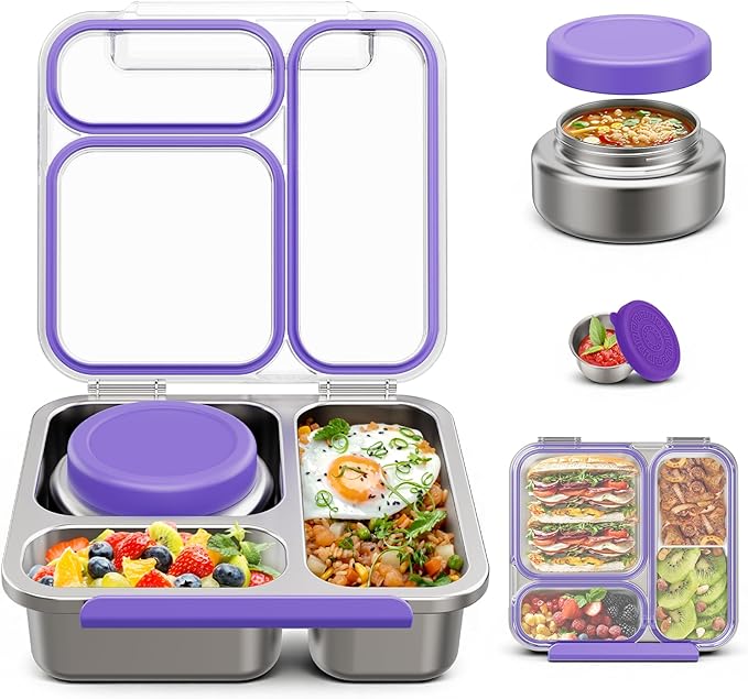 Stainless Steel Bento Box Kids Adult with 7oz Soup Thermo, Transparent Lid 3 Compartments Metal Bento Lunch Box with Insulated Food Jar,Lunch Box Container Sauce Cup for School,BPA-Free(Purple)