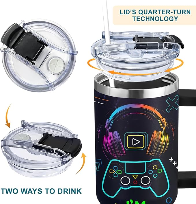 Gamer Gifts for Men from Daughter, Son, Kids, Wife - 40oz Game Tumbler With Handle and straw for Father's Day, Christmas, Birthday, Valentines Day - 40 oz Stainless Steel Tumbler for Gaming Men
