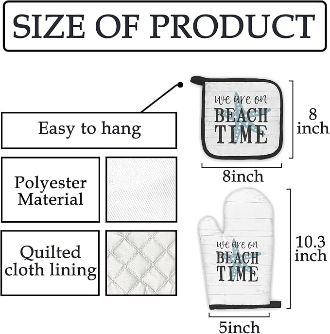 Beach Themed Gifts Oven Mitts and Pot Holders Sets, Coastal Beach House Kitchen Accessories Sets, Rustic We are on BeachTime Heat Resistant Oven Glove Potholders for Kitchen Cooking Baking BBQ