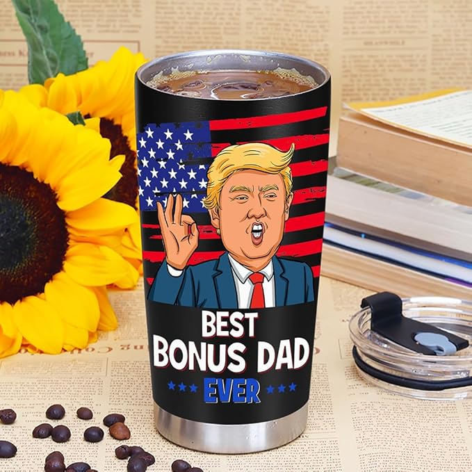 Best Bonus Dad Christmas Gift from Daughter Son Kids - Funny Birthday Gifts for Bonus Step Dad Stepdad, 20 OZ Stainless Steel Insulated Travel Coffee Tumbler Cup