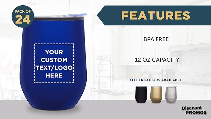 Custom Stemless Wine Tumblers 12 oz. Set of 24, Personalized Bulk Pack - Insulated, Perfect for Wine, Cocktails, Other Hot & Cold Beverages - Blue