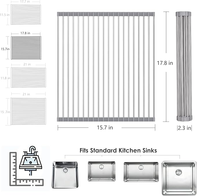 Tomorotec Roll Up Dish Drying Rack Over The Sink Grey Large Dish Drying Rack Rolling Foldable Collapsible SUS304 Stainless Steel Multipurpose Dish Drainer for Kitchen Counter (17.8”x15.7”)