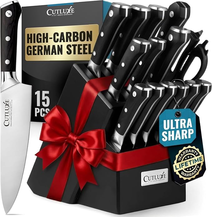 Cutluxe 15-Piece Knife Set – Premium Black Wood Block – Knife Set for Kitchen, Ultra Sharp High Carbon German Stainless Steel, Full Tang – Artisan Series