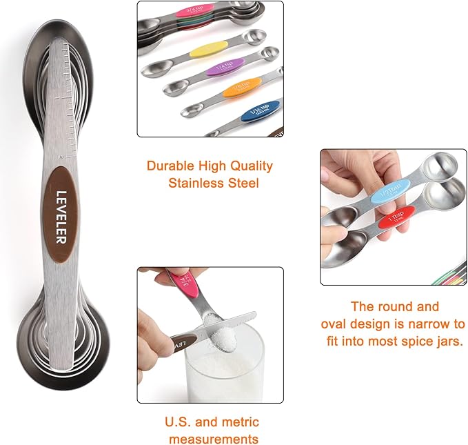Magnetic Measuring Cups and Spoons Set of 16 Including 7 Stainless Steel Stackable Magnetic Measuring Cup 8 Magnetic Measuring Spoon with Leveler for Measuring Dry Liquid Ingredient