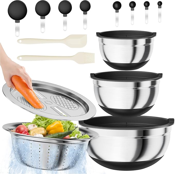 Mixing Bowls with Airtight Lids, Stainless Steel Nesting Bowl Set (1.4/2.8/5QT) with Colander, Grater, Measuring Spoons, Spatula & Oil Brush – Non-Slip Bottom Kitchenware Set (Black)