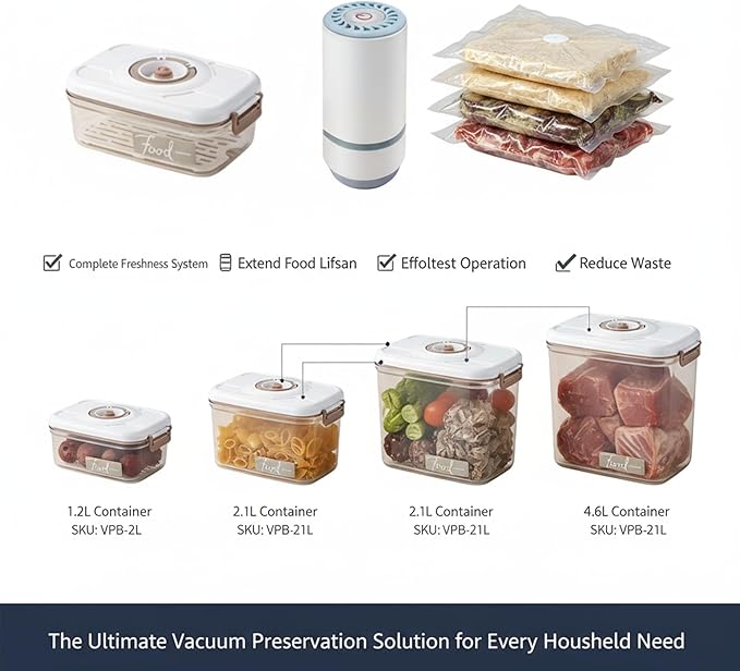 Vacuum Container,Vacuum Seal Containers,4pcs Airtight Food Storage Containers with Lids,8pcs Food Vacuum Bags/ 1pc Automatic Pump, Marinade and Keep Food Fresh with Time Dial, BPA Free(Square)