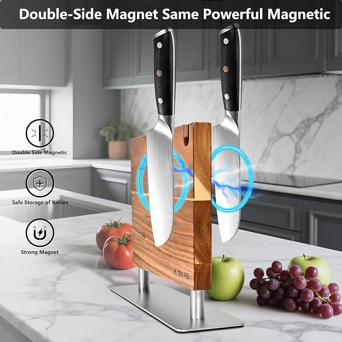 Magnetic Knife Block, Thickened Acacia Knife Holder, Strong Magnetic Suction Cup with Knife Sharpener, Double-Sided Kitchen Knife Storage Rack for Kitchen Countertops