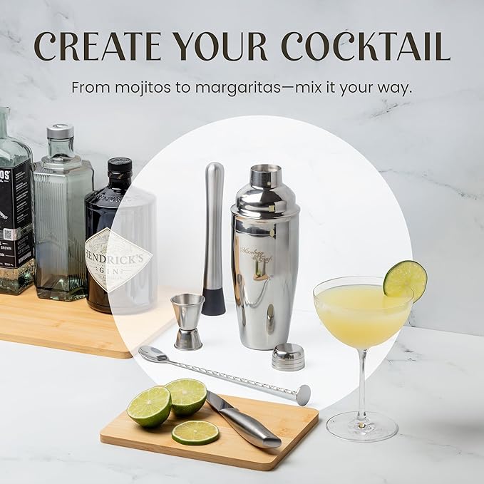 Modern Mixology 8-Piece Cocktail Shaker Set, 24oz Stainless Steel Bartender Kit with Velvet Giftable Bag, Curated Travel Cocktail Kit for Hosting Essentials (Silver)