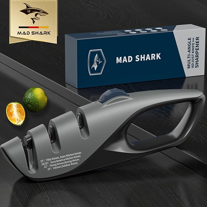 Mad Shark Kitchen Knife Sharpener - 5 Adjustable Sharpening Angle, Diamond Slot - Fine Honing, Design with Non-Slip Rubber Edge Grip, Knife Sharpener for Professional, Chef's Knives, Pocket, Scissors