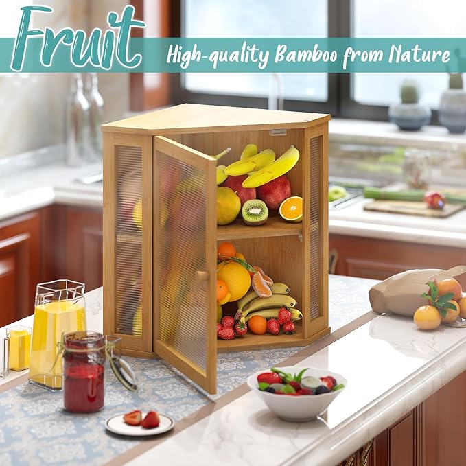 Corner Bread Box, Large Bamboo Bread Box for Kitchen Countertop, 2 Tier Wooden Bread Storage (Natural, Large)
