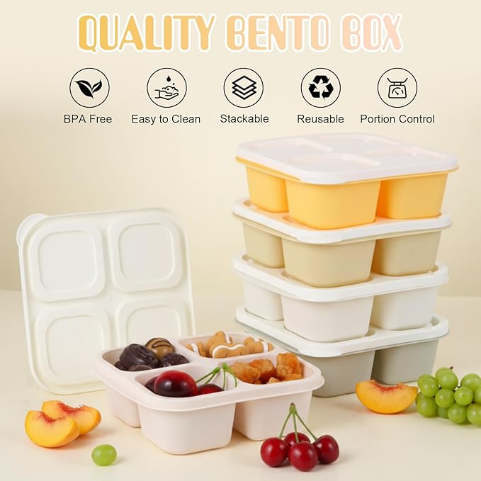 Honeydak 5 Pack Snack Containers 4 Compartment Bento Snack Boxes Reusable Lunchable Containers with Lids Divided Meal Prep Lunch Food Storage Box for School Work Travel (Lemon Color,Equal)