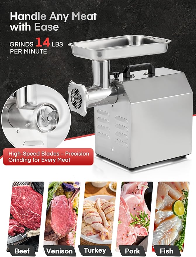 #12 Commercial Meat Grinder, 840 LB/H,1.2HP, Heavy Duty Industrial Meat Grinder, Sausage Stuffing Machine with 2 Stainless Steel Blade, 2 Grinding Plates, Sausage Kit (#12-840LB/H)