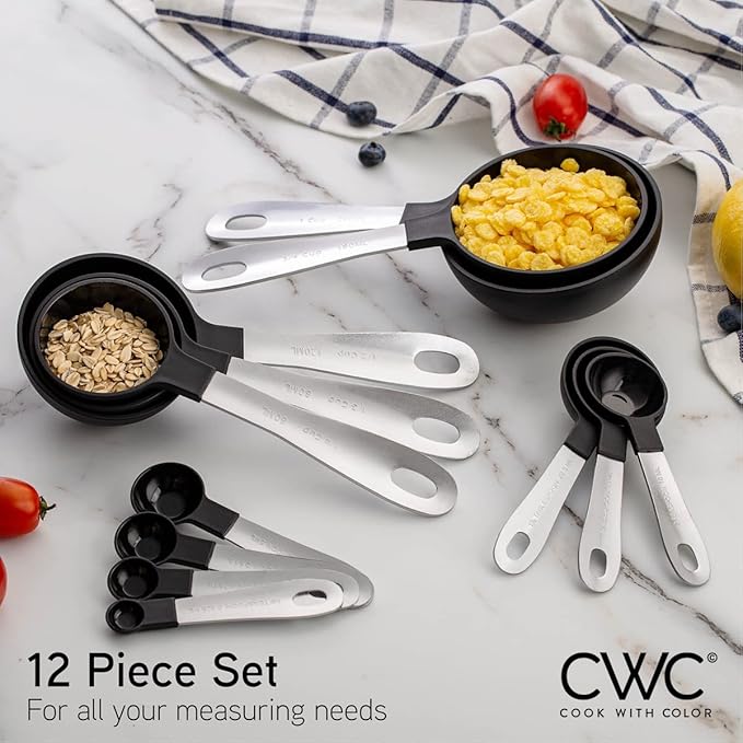 COOK WITH COLOR Measuring Cups Set and Measuring Spoon Set, Stainless Steel Handles, Nesting Kitchen Measuring Set, Liquid Measuring Cup Set, 12 PC Stainless Steel, Black