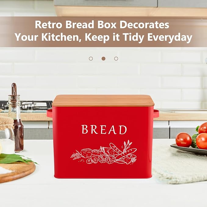 P&P CHEF Bread Box for Kitchen Counter, Metal Bread Storage Bin with Wooden Cutting Lid, Large Capacity for Holding 2+ Loaves, Retro Modern Style, Size 13” x 7.2” x 9.7”, Red