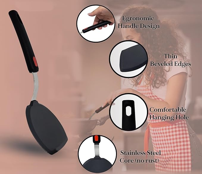 Wide Silicone Pancake Spatula – Large Heat-Resistant Turner for Cooking | Nonstick Safe | Stainless-Steel Reinforced Core & Easy-Grip Handle