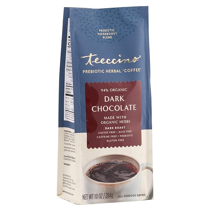 Teeccino Dark Chocolate Prebiotic SuperBoost™ Coffee Alternative - Support Probiotics with Caffeine-Free Herbal Coffee Featuring 3 Vegan Prebiotics for Gut Health, 10 Ounce