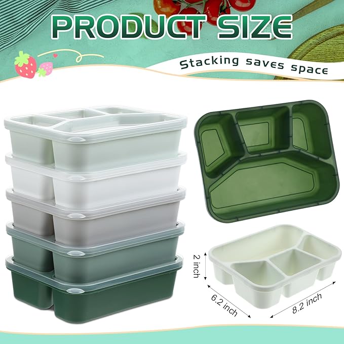 Honeydak 5 Pack Snack Containers 4 Compartment Bento Snack Boxes Reusable Lunchable Containers with Lids Divided Meal Prep Lunch Food Storage Box for School Work Travel(Sage,Mixed)