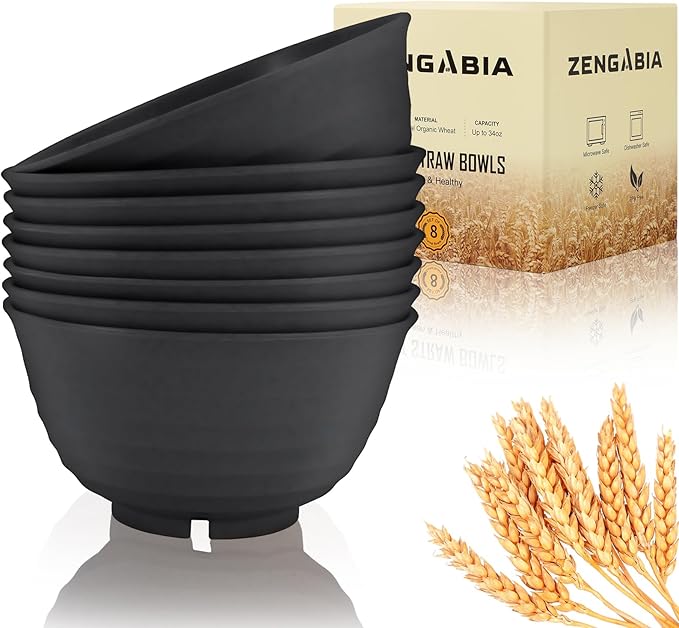 8 Pcs Wheat Straw Bowls, 34 Oz Plastic Soup Large Cereal Bowls Set Reusable, Unbreakable Lightweight Microwave Dishwasher Safe BPA-Free for Pho Pasta Kitchen Camping, Black