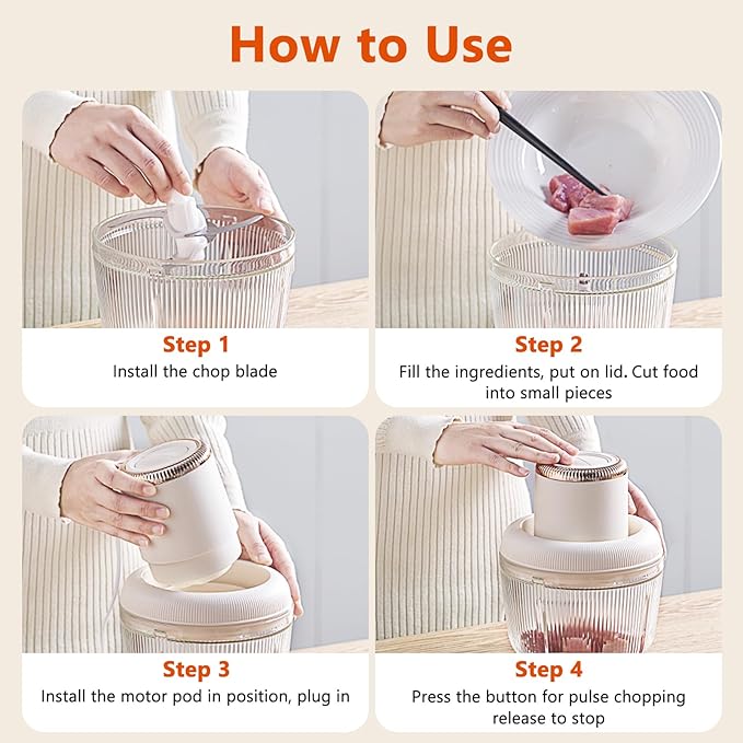 Kawu Electric Food Processor, 2 Speeds Meat Grinder & Vegetable Chopper, Food Chopper with 2 Bowls (2LCup+0.3LCup), 2&6 Bi-Level Blades with Powerful Motor for Fruits, Nuts, Ideal for Kitchen, Home