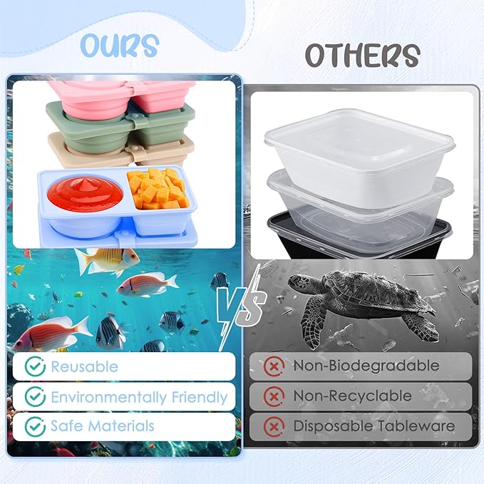 4 Pack Silicone Reusable Snack Containers with Lids, Double Compartment Snack Containers with Foldable Fork, Small Size for Sauce Containers, Travel, School, Office & Picnic