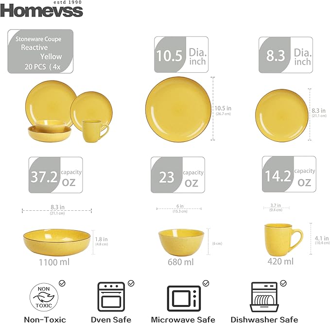 HomeVSS 20-Piece Dinnerware Set - Serves 4, Bright Glaze Yellow plates and bowls sets with Speckle Effect for Microwave & Dishwasher Safe