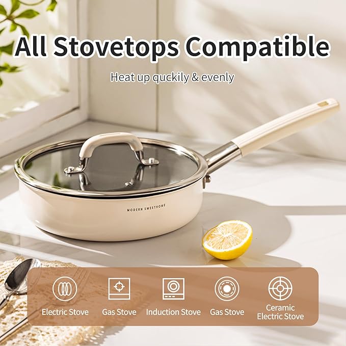 10 inch Titanium Ceramic Nonstick Frying Pan with Lid – Scratch Resistant Skillet, Induction & Gas Stove Compatible, PFOA-Free Cookware for Eggs and Steak
