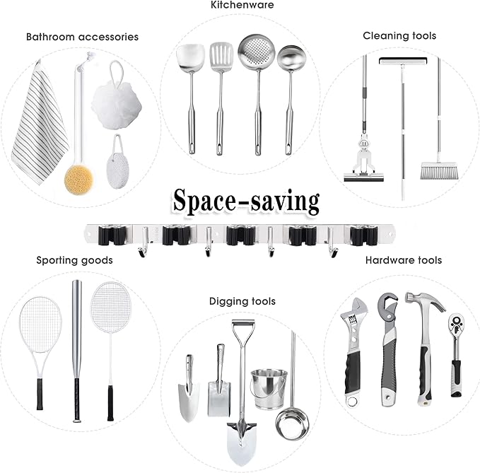 2 Pack Mop and Broom Holder Wall Mount, 5 Racks and 4 Hooks Broom Organizer Storage Tool Racks Stainless Steel Heavy Duty Hooks Self Adhesive Solid Non-slip for Home Kitchen Garden Laundry Garage