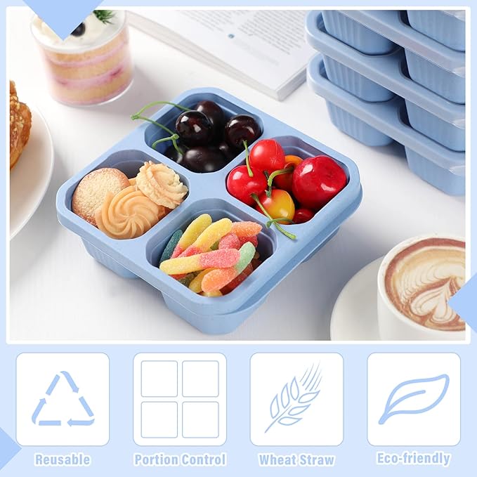 12 Pcs 4 Divided Compartments Snack Containers Bento Wheat Straw Snack Box with Lid Reusable Meal Prep Lunch Box Food Storage Containers for Adults Christmas Travel Work Gifts(Blue)