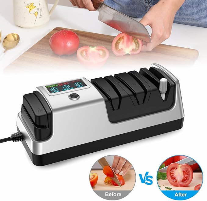 Upgrade 5-in-1 Electric Knife Sharpener, Professional 3-Stage with LCD Screen, 100% Diamond Abrasives, 3 Rotational Speed Adjustable, knife sharpener for Straight, Serrated, Meat Cleaver, Scissors