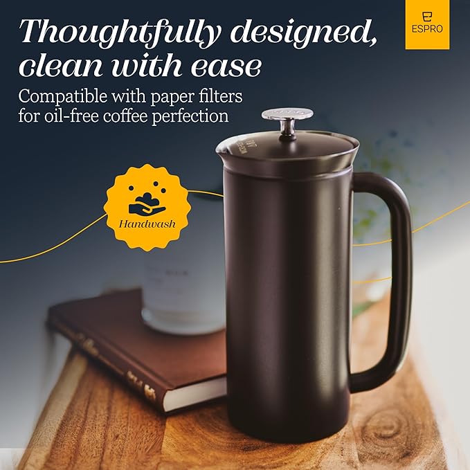 ESPRO P7 French Press Stainless Steel 304 – Patented Double Walled Micro-Filter Insulated French Press Coffee Maker, Grit-Free Brew - Heat Resistant BPA Free Coffee Maker - Matte Black (32oz)