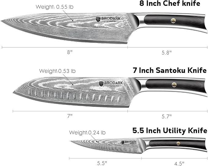 BRODARK Damascus Chef Knife 3 PCS, VG10 Steel Full Tang Sharp Professional Japanese Chef Knife Set for Kitchen, Christmas, Ergonomic Pakkawood Handle Damascus Knife Set with Gift Box