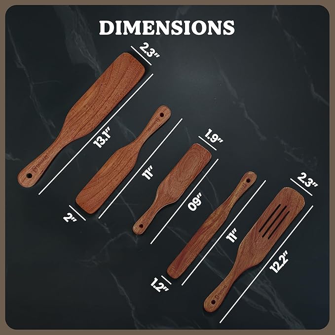 Wooden Spurtle Set – 5 Pcs Acacia Spurtle Spatula for Cooking - Natural Surtle Kitchen Tools for Nonstick Cookware, Salad Mixing, Serving & Stirring