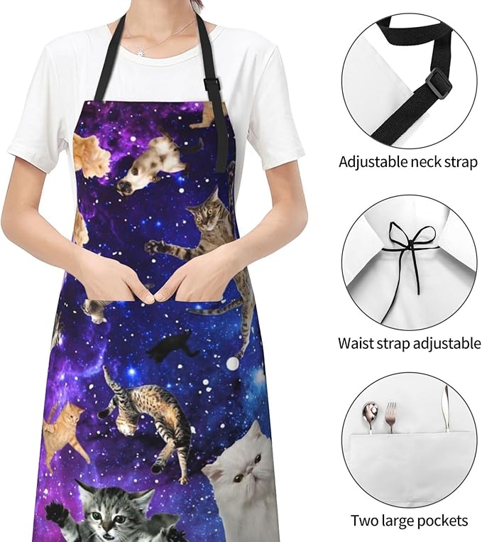 Cute Cat Apron Adjustable with 2 Pockets Cooking Kitchen Aprons for Men Women Outdoors Baking Chef Apron