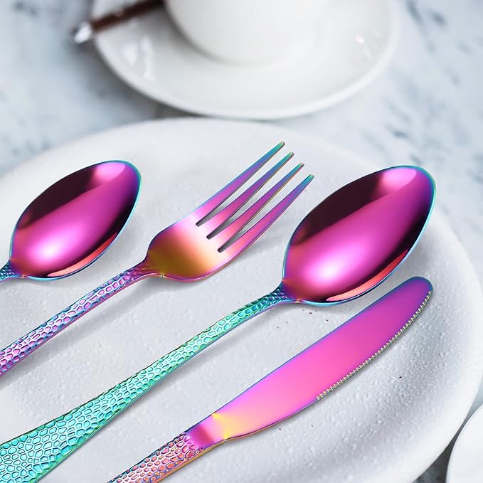 Hammered Silverware Set Rainbow Stainless Steel Flatware 40 pieces Dinning Utensils Service for 8 include Knife Fork Spoon Durable Easy to Clean