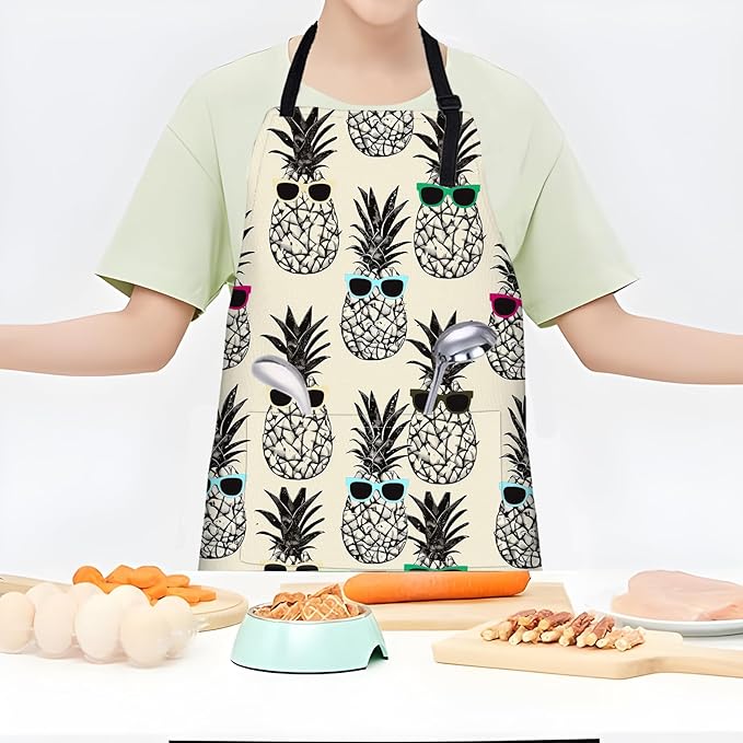 Cool Pineapple Apron,Adjustable Waterproof Oxford Fabric Kitchen Apron with 2 Pockets for Men and Women, Cooking, Baking, BBQ, Coffee Shop, Housewarming Gifts, 28x33 Inches