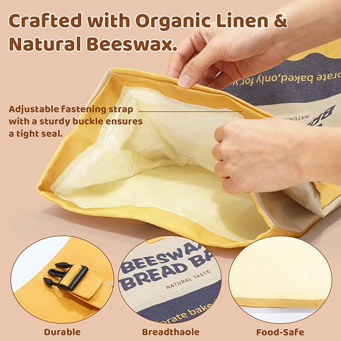 2 Pack Beeswax Bread Bags for Sourdough Homemade Bread, 17 x 13 inch Reusable Organic Linen Food-Safe Storage Bag to Keep Loaves Fresh Longer