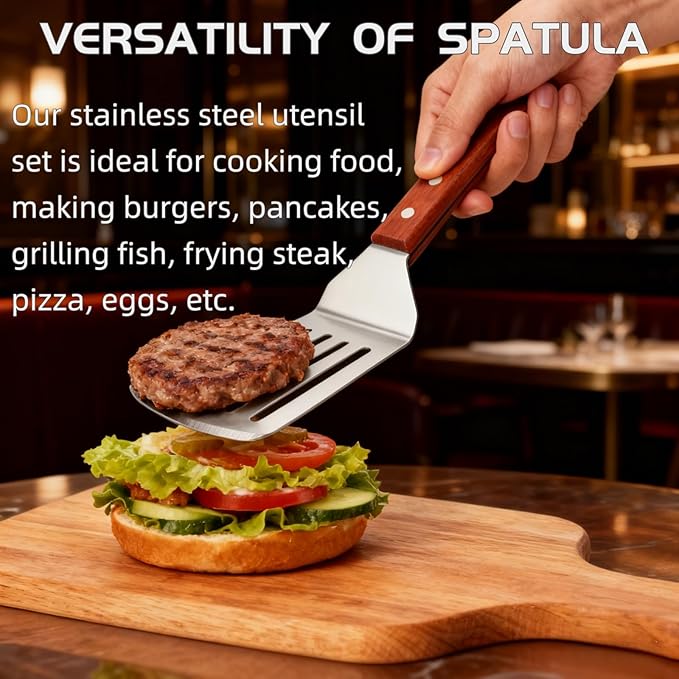 4 Pack Stainless Steel Spatula Set, 2 Sizes Metal Spatulas for Kitchen Use, Hevy Duty Solid & Slotted Turner with Wooden Handle, Flat Top Grill Spatula for Egg, Hamburger, Fish, Cooking, BBQ