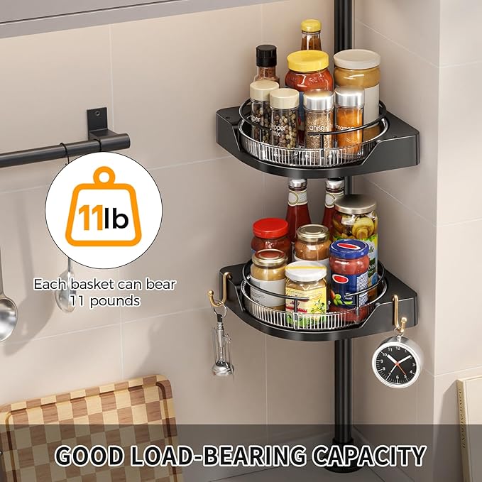 2-Tier Corner Spice Rack Organizer – 360° Rotatable, 19.68-43.5" Height Adjustable, 11LBS Load-Bearing with Hooks – Space-Saving for Kitchen Counter/Cabinet Gaps, Tame Seasoning Clutter (Black)