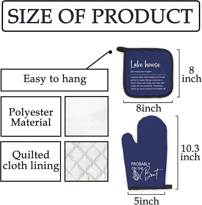 Lake House Gifts Navy Blue Oven Mitts and Pot Holders Sets, Lake Lovers Gifts Kitchen Accessories Sets Decor, Blue Probably on The Boat Heat Resistant Oven Glove Potholders for Kitchen Baking
