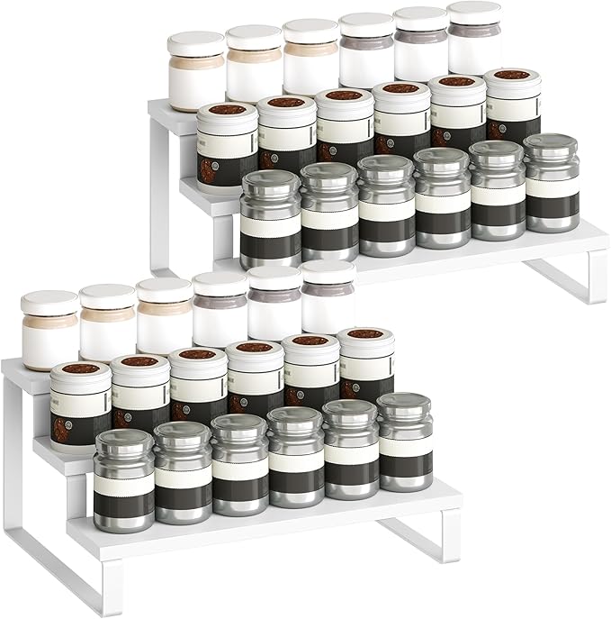 Spice Rack, Wooden Display Riser Stand, Set of 2, Vanity Display Stand, Perfume Organizer, Tiered Countertop Organizers, Space Saving, for Kitchen Spices,Syrup, Coffee Mugs, White SR03L2WW