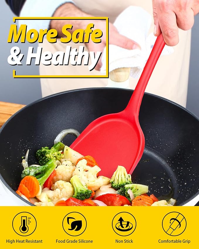 Pack of 2 Silicone Wok Spatula, Non-Stick, Heat Resistant, Easy to Clean and Dishwasher Safe, Seamless Kitchen Utensil for Cooking, Baking, Stir-Fry (Red)