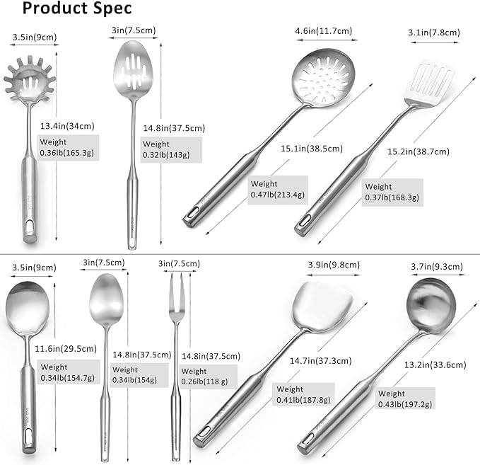 304 18/10 Stainless Steel Kitchen Utensils Set 9 Pack Long Cooking Utensil, Spatula, Soup spoon, Leaking shovel, Ladle, Tunner, Pasta Server, Meat Fork Kitchen Tools Set
