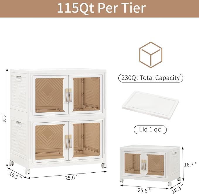 Large Stackable Storage Bins with Lids, 230QT-115QT*2Pack Foldable Cabinet for Closet Organizers, Plastic Storage Containers Box with Wheels