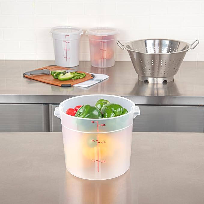 Restaurantware-Met Lux 6 Quart Food Storage Containers, 10 Translucent Storage Containers - Lids Sold Separately, Red Volume Markers, Dishwashable Containers, Side Handles, For Storing Foods