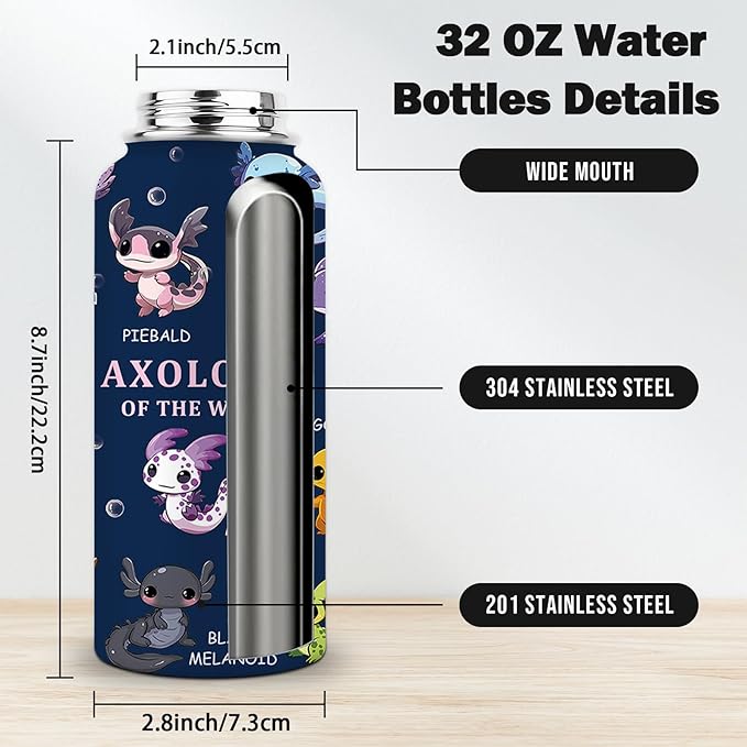 Axolotl Gifts, 32 oz Insulated Water Bottle, Double Wall Vacuum Stainless Steel Water Bottles, Cute Axolotl Water Bottles for Sports Travel, Gifts for Girls Women (1pcs)
