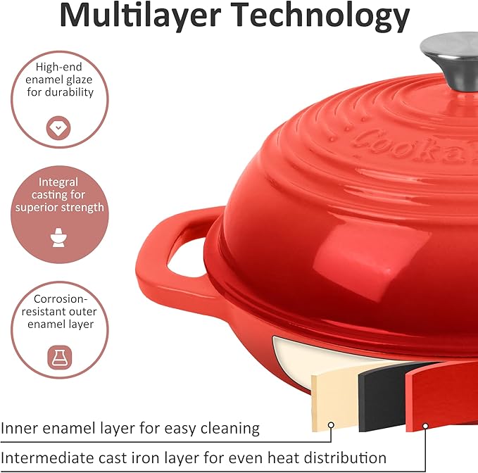 Premium Enameled Cast Iron Dutch Oven for Bread Baking | Non-Stick 5QT Oval Bread Oven with Lid | Perfect for Sourdough, Loaf, and Artisan Baking (Round Red, 5 QT)