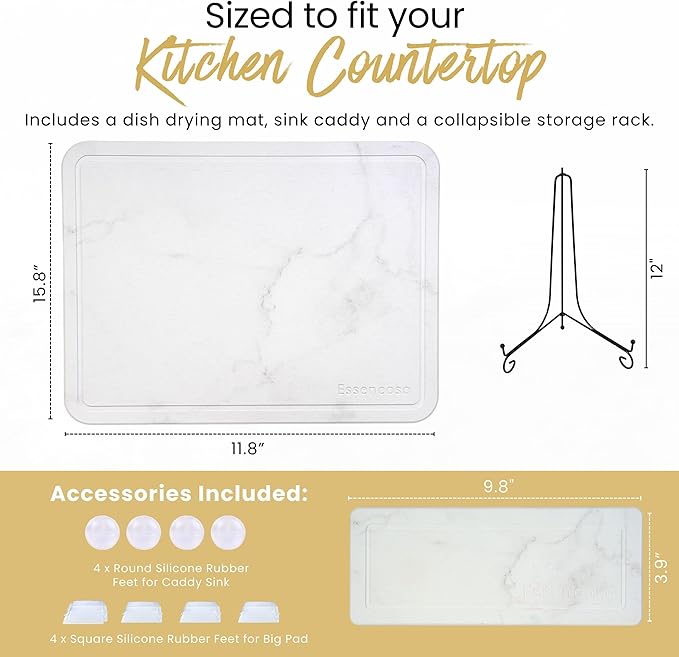 Stone Drying Mat For Kitchen Counter - 11.8" x 15.7" Water Absorbing Stone tray For Sink, Metal Rack and Kitchen Sink Caddy | Diatomaceous Earth Food Grade | Drying Stone For Kitchen counter