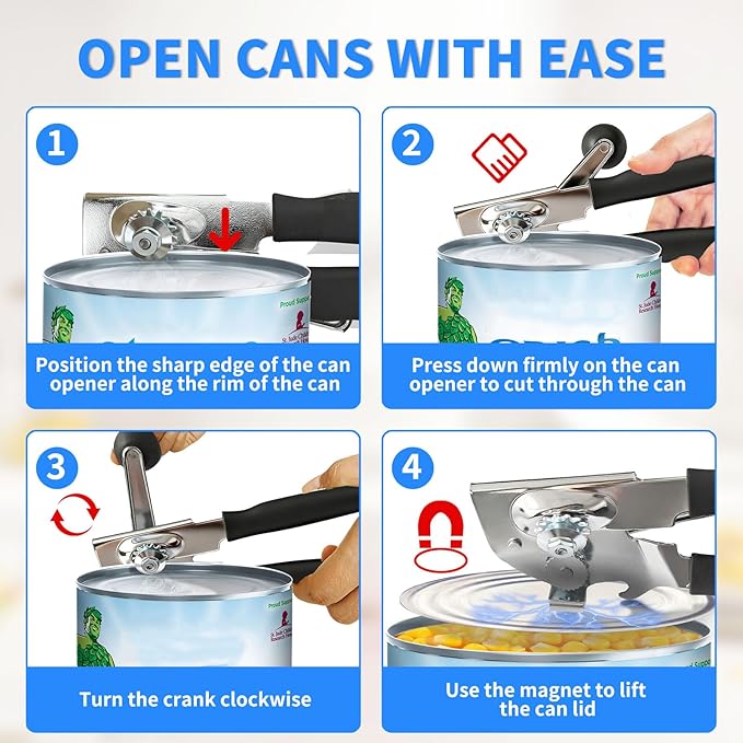 Crank Can Opener Manual，Heavy Duty for Seniors with Ergonomic Soft Grip Handles and Magnetic Lid Lifter for Large Cans,Stainless Steel, Black