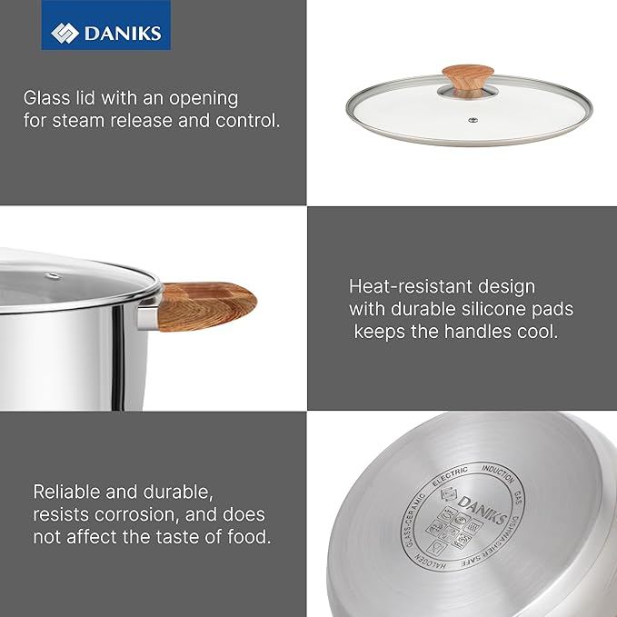 Daniks Oslo 10-Piece Stainless Steel Induction Cookware Set – Dishwasher Safe Saucepan, Frying Pan, Pots with Stay-Cool Handles, Glass Lids, Silver